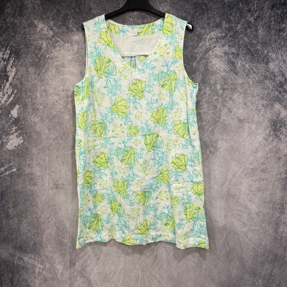 J Jill Women's Love Linen Ocean Corals Dress Sleeveless Size Large White Floral